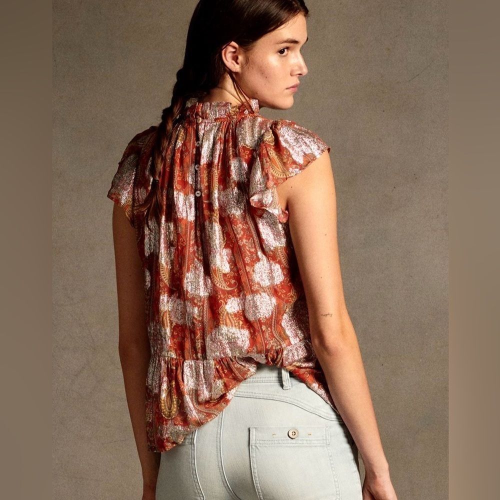 Anthropologie 12P Let Me Be Vanna Shimmer Blouse Bohemian Metallic Paisley Boho